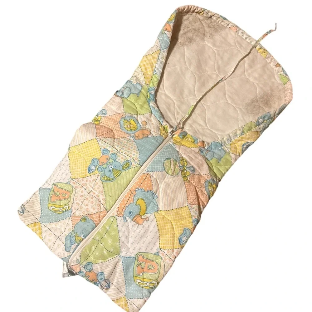 Vintage Quilted Baby Bunting Bag Pastel Animal Patchwork Print Hooded Sleep Sack